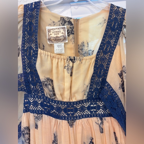 Gunne Sax Vintage Floral Maxi Dress with Navy Accents - Picture 4 of 16